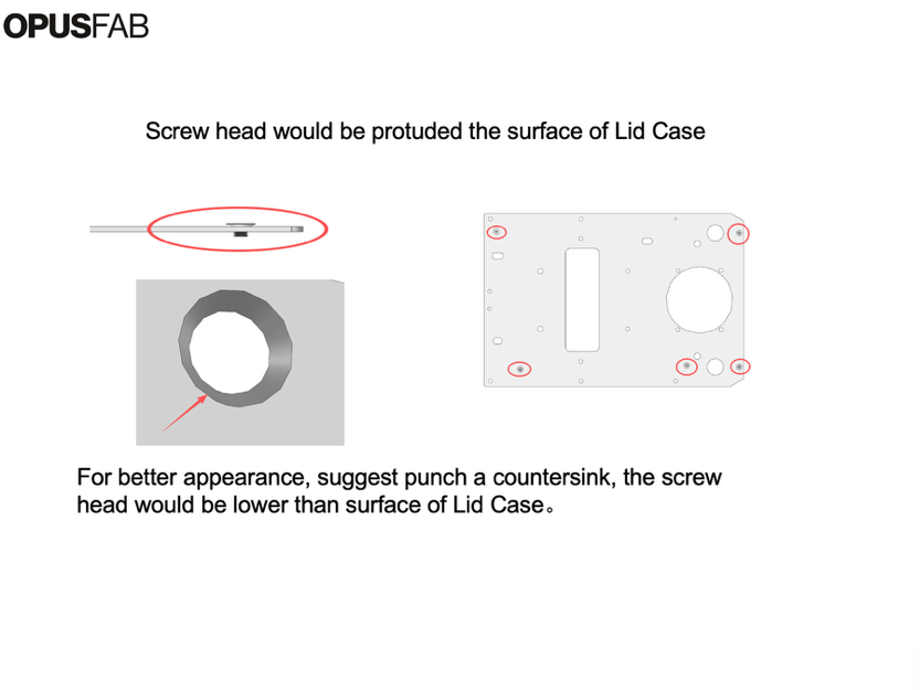 Countersink example showing a screw head sitting proud of a lid case surface versus flush after countersinking