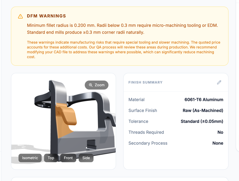 OpusFab instant DFM warnings showing a minimum fillet radius flag on a machined bracket