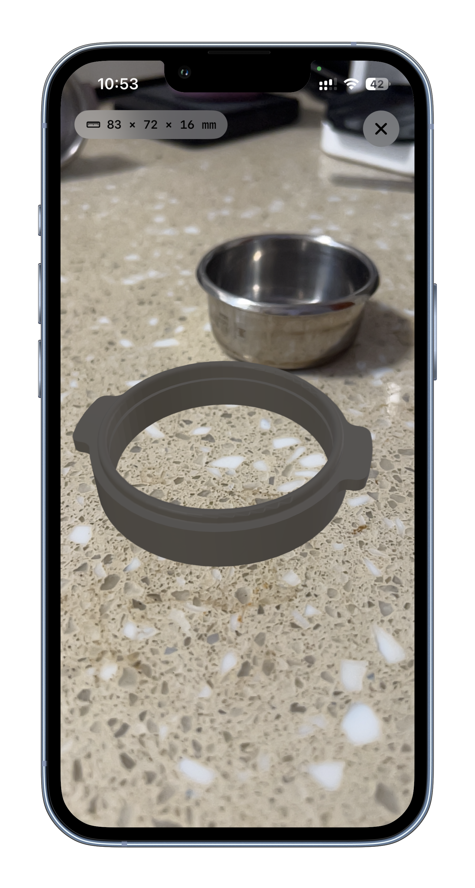 OpusFab app showing a machined part previewed in augmented reality at true scale